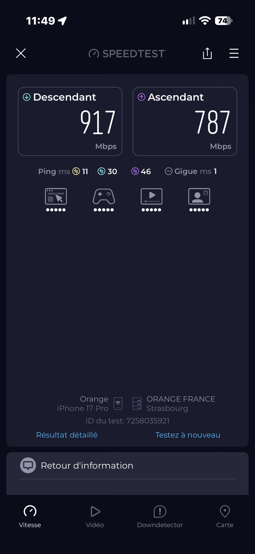 Résultat Speedtest : 917 Mb/s en réception, 787 Mb/s en envoi.
