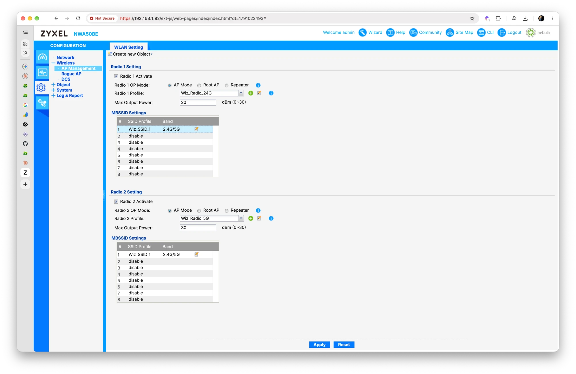 Édition du profil SSID : sécurité, VLAN, isolation, QoS.